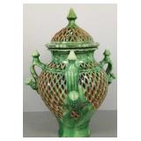 Lg green glazed terra cotta covered jar w/ pierced