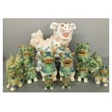 11 pottery Foo dogs incl 5 pair- 15'H 14'W largest