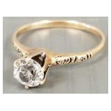 Antique 10K gold engraved ring s/w clear stone-