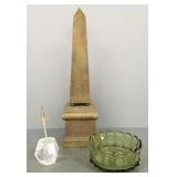3 items: brass obelisk (23'H), Fostoria coin spot