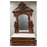 Ornate carved Victorian marble top dresser w/