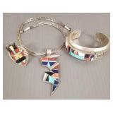 3 pcs Navajo sterling silver jewelry inlaid w/