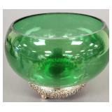 Ornate Asian pierced silver footed bowl w/ green