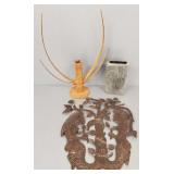 3 decorative items: stone and metal vases, &