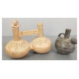 2 Inca type pottery vessels: double gourd &