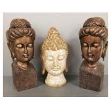 3 pottery, etc Buddha heads- 18 1/2' tallest