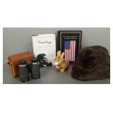 Gp incl binoculars, Steiff rabbit, fur hat,