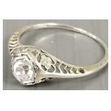 Antique 18K white gold filigree ring s/w clear