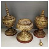 3 lacquer offering vessels, etc. w/ ornate gilt &