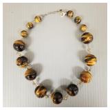 Silver & tiger eye bead necklace 3/4' largest bead