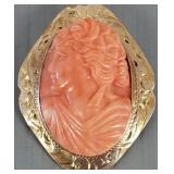 10k gold & carved coral cameo pin/ pendant- 4.4g,