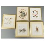 5 gilt framed artworks incl mixed media butterfly