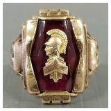 10K gold warrior motif ring s/w synthetic ruby-