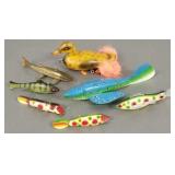 7 spearing decoys, etc incl 1 vintage in box-