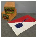 2 wood advertising crates & flag- 11'H 12'W