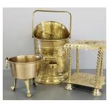 3 pcs antique English brass: tall trivet, footed
