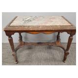 Carved walnut table w/ marble insert- 19'H,