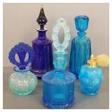 5 blue glass perfume bottles & 1 hair receiver-