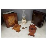 5 wood etc items incl 2 book boxes, carved pipe