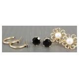 3 pair 14K gold earring s/w stones incl pearl-