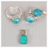 Sterling silver ring, earrings, necklace s/w opal
