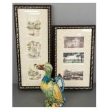 2 framed triptych artworks & majolica duck