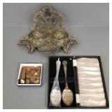 Group incl antique style brass inkwell,