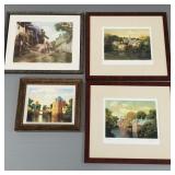 4 framed European prints, etc incl pencil signed