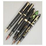 5 vintage fountain pens incl 2 nibs marked 14K,