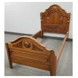Antique carved Victorian bed w/ rails & burlwood