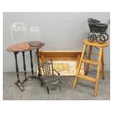 5 pcs small furniture, etc incl oak wall shelf,