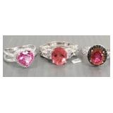 3 sterling silver rings s/w pink stones- 17.6g,