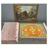 Large framed needlepoint picture & 2 wall hangings