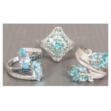 3 sterling silver rings s/w aqua, blue topaz,