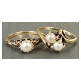 2 gold rings s/w pearls- one- 14k & one- 9k,