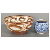 2 signed pottery bowls, etc. 9' diameter largest