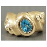 14k gold ring s/w oval blue topaz- 9.4g, sz 9 3/4