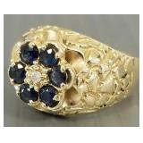 14k gold, blue sapphire & diamond ring- 11.6g,