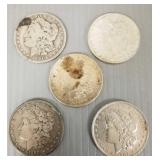 5 Morgan U.S. silver dollars: 1879, 1888-O,