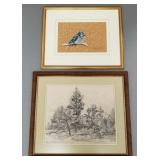 2 framed artworks: signed Broderick blue jay