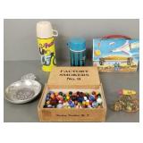 Gp incl vintage marbles, lunch box, The Foz