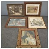 5 large antique framed prints in ornate frames-
