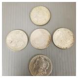 5 Morgan U.S. silver dollars: 1884, 1885,