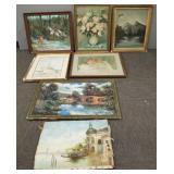 7 vintage paintings & prints (some as is) 24'H