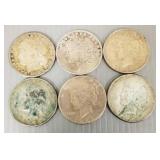 6 U.S. silver dollars: two 1921 Morgans &