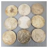 Nine- U.S. silver Peace dollars: 1922, 1922-S,