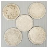 5 U.S. Morgan silver dollars- asst. dates (as seen