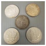 5 Morgan U.S. silver dollars: 1879, 1882, 1891,