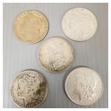 5 Morgan U.S. silver dollars: 1879, 1883, 1892-O,