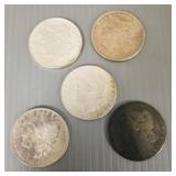5 Morgan U.S. silver dollars: 1884, 1886, 1897,